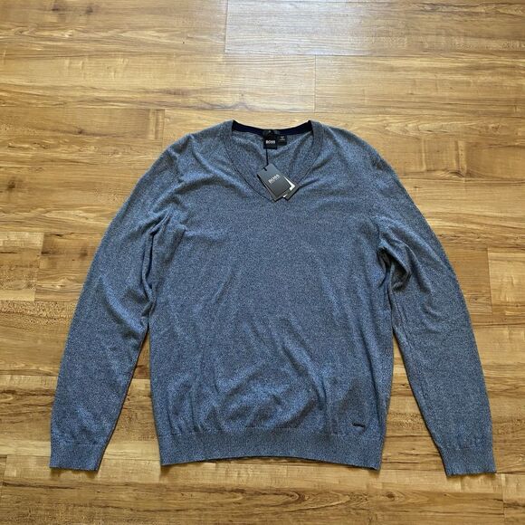 NWT HUGO BOSS Black Label Mens L Blue Slim Fit V-Neck Knit Sweater Jumper Preppy - Picture 4 of 16